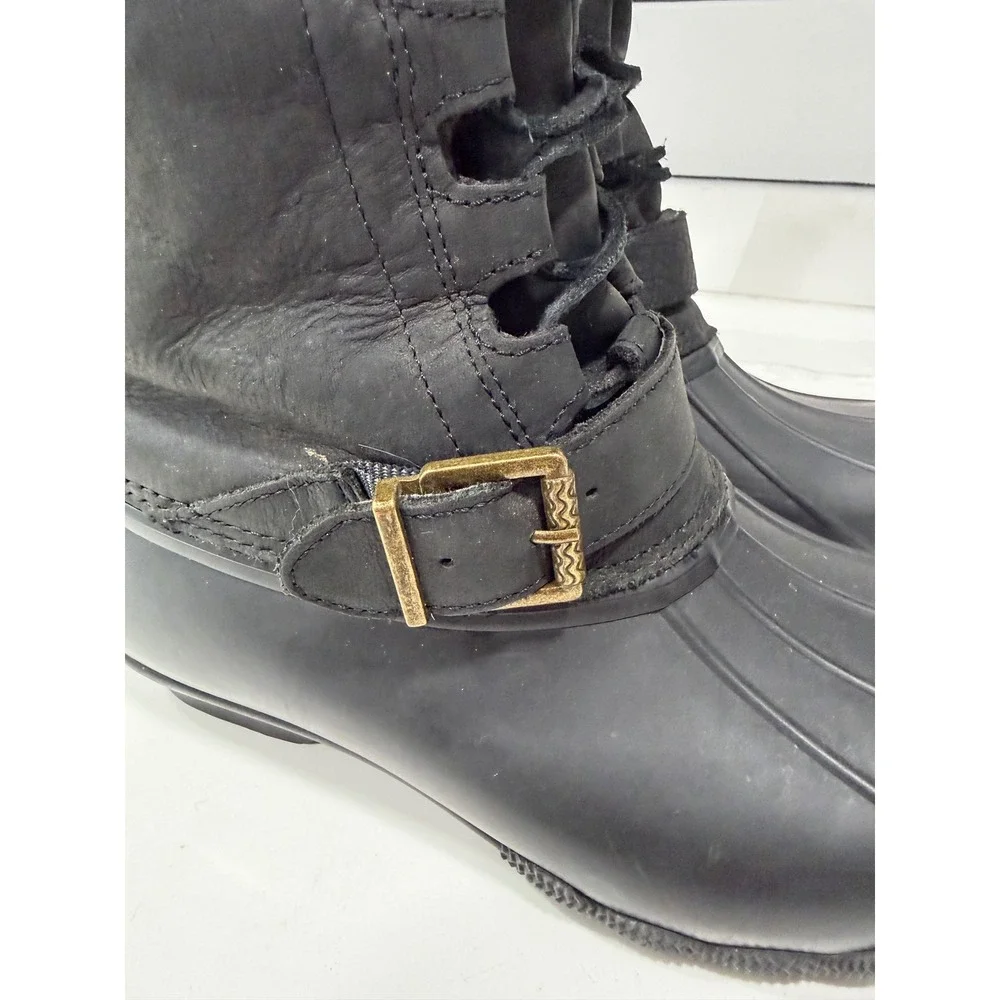 Sperry Saltwater Black Leather Duck Boots 3M Thinsulate Fur Trim Womens 8